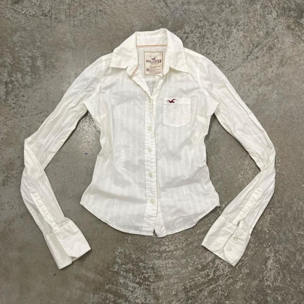 Vintage Hollister Y2K White Striped Babydoll Button Down Shirt Skinny XS Grunge